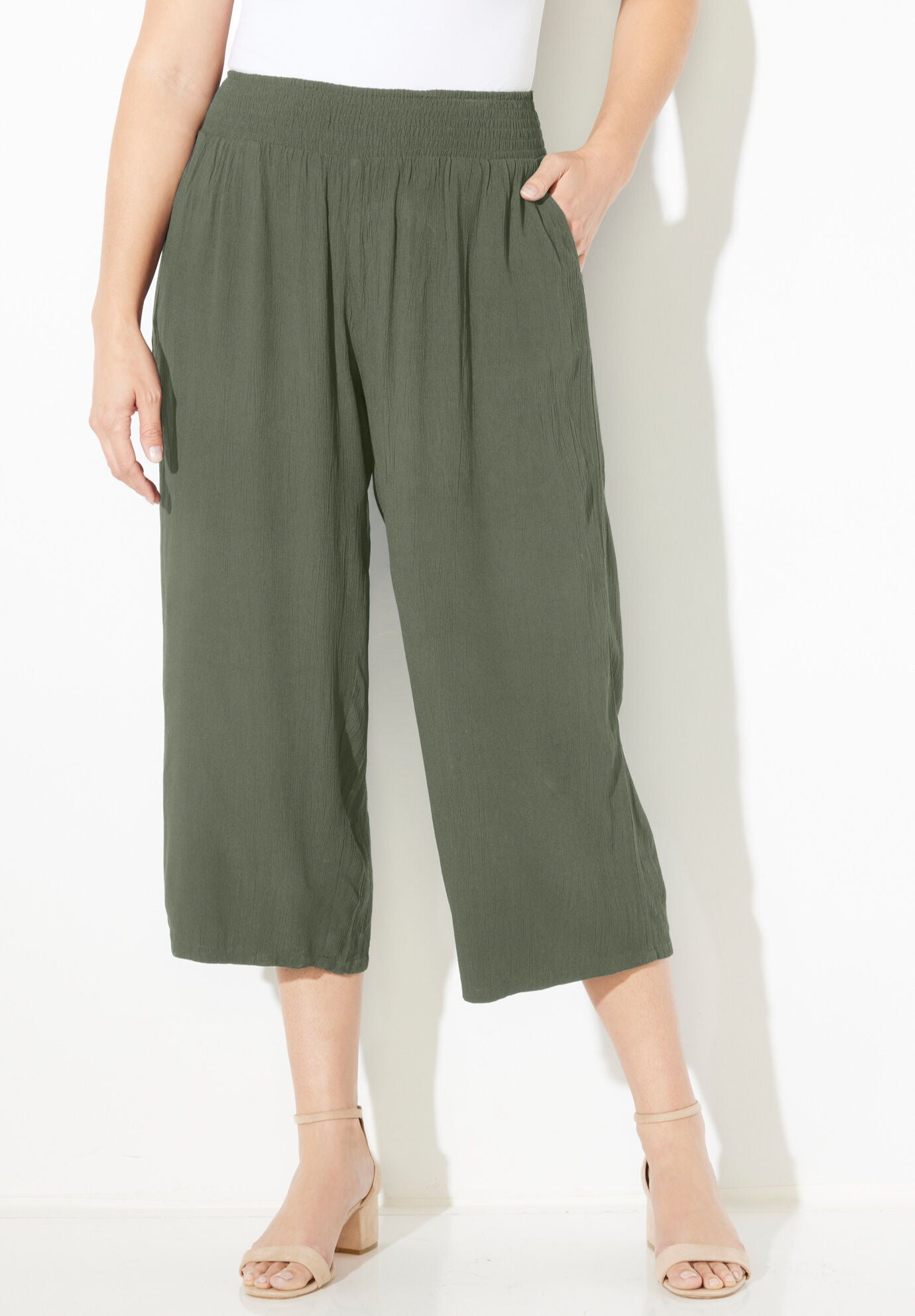 Gauze Pull On Capri Lightweight Summer Pants Clover Green Catherines