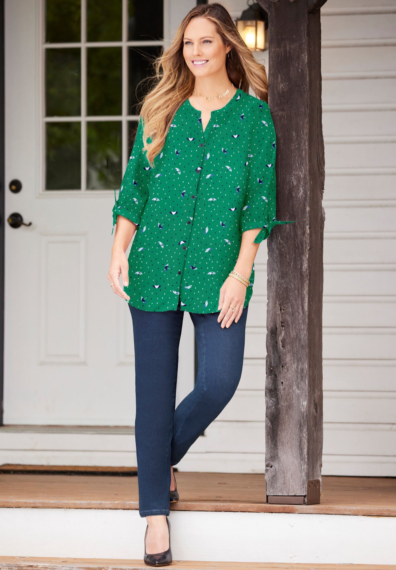 Georgette Buttonfront Tie Sleeve Cafe Blouse, , alternate image number 4