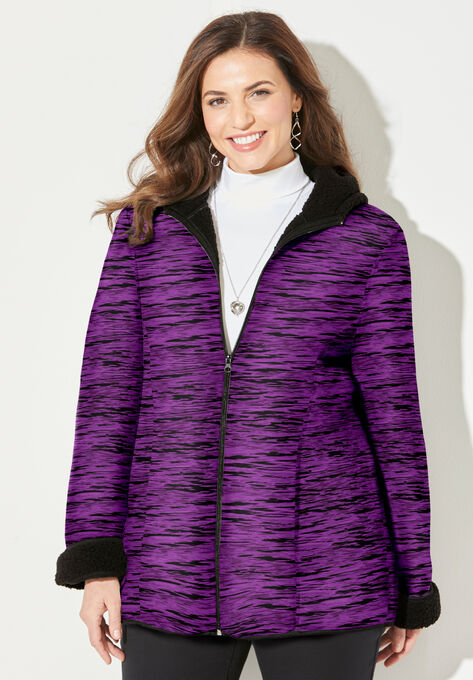 Printed Fleece Coat with Sherpa Lining, PURPLE SPACE DYE, hi-res image number null