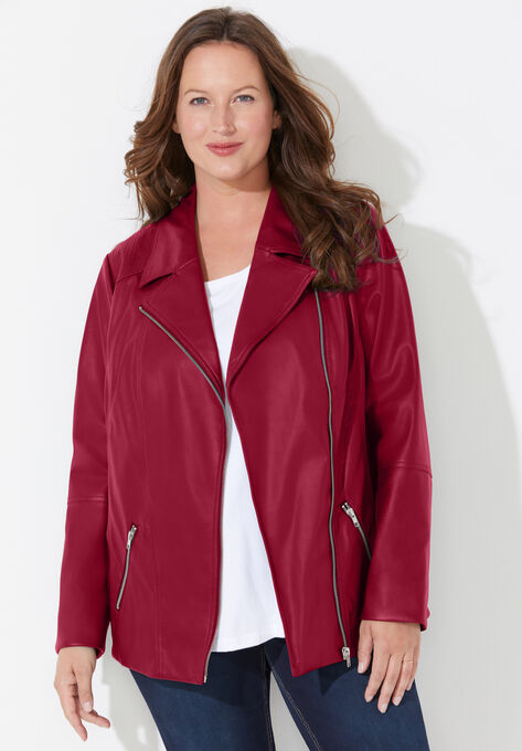 Faux Leather Moto Jacket, RICH BURGUNDY, hi-res image number null
