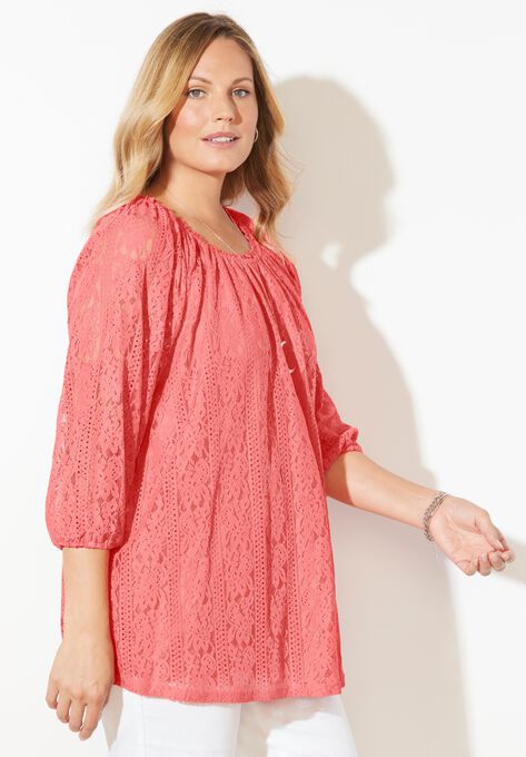 Stretch Lace Peasant Blouse, , alternate image number null
