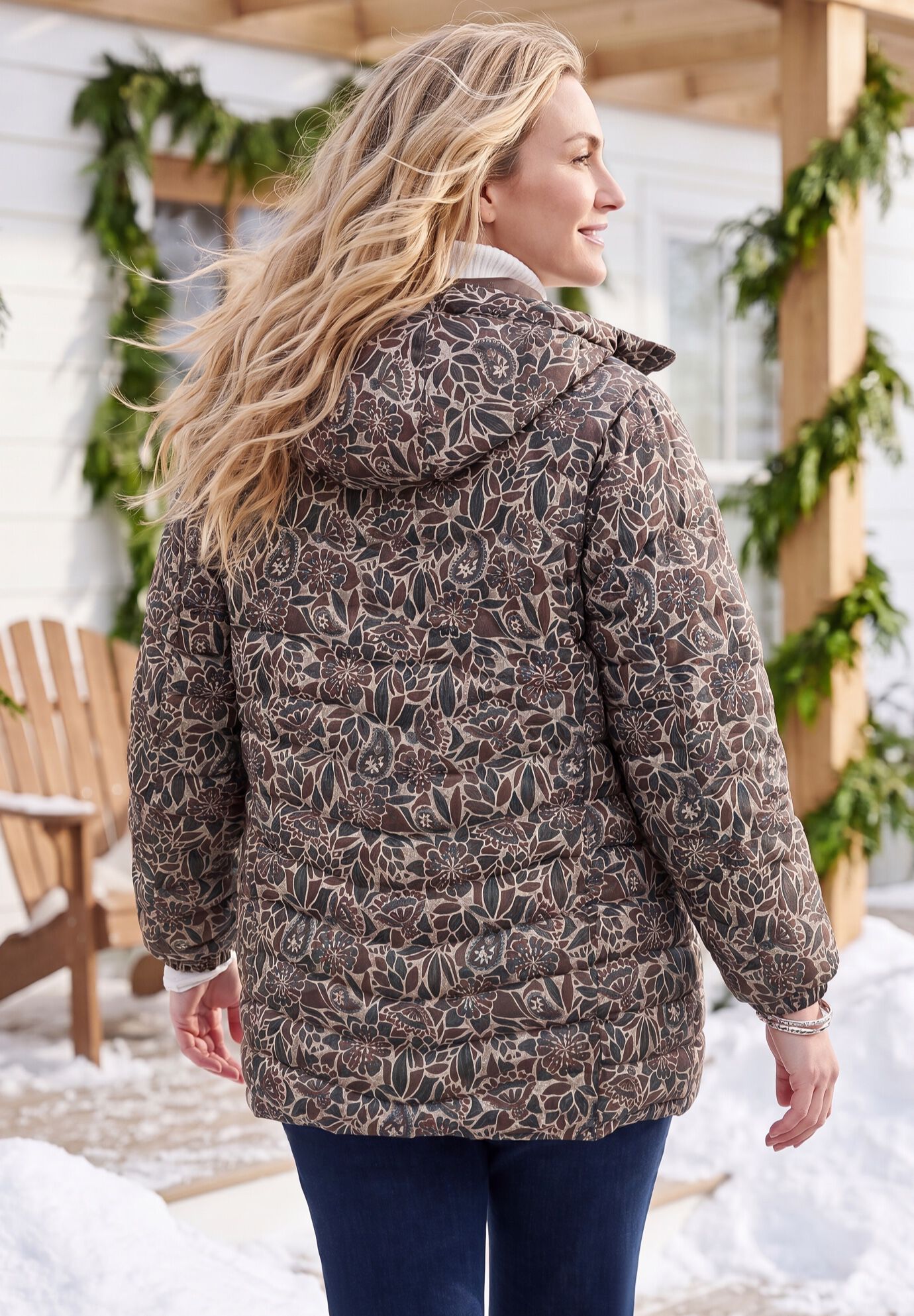 Packable Puffer Coat, NEUTRAL CUTOUT FLORAL, on-hover image number 1