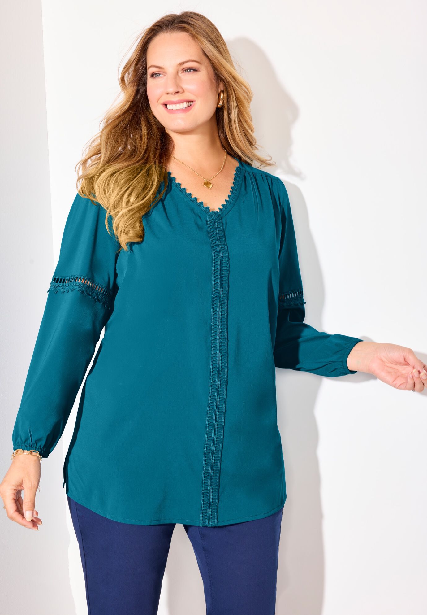 Lattice Trim Peasant Blouse, DEEP TEAL, hi-res image number 0