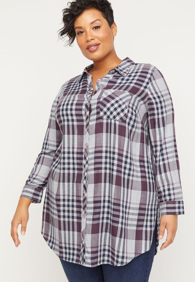 Willow Spring Buttonfront Tunic Top, PURPLE PLAID, hi-res image number null