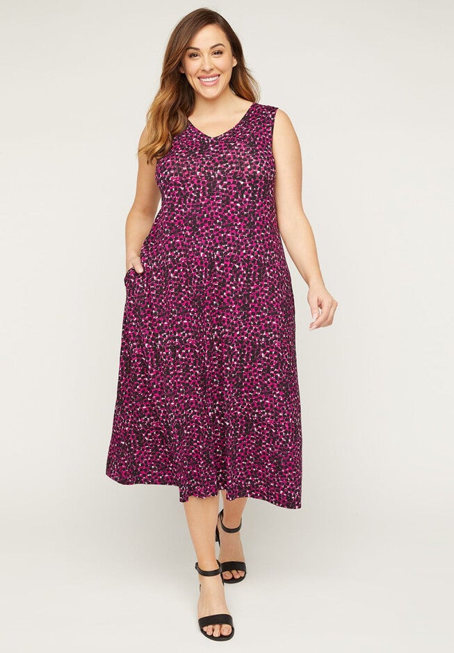 AnyWear Magenta Ease Dress with Pockets, MAGENTA BLOOMS BLACK GEO PRINT, hi-res image number null