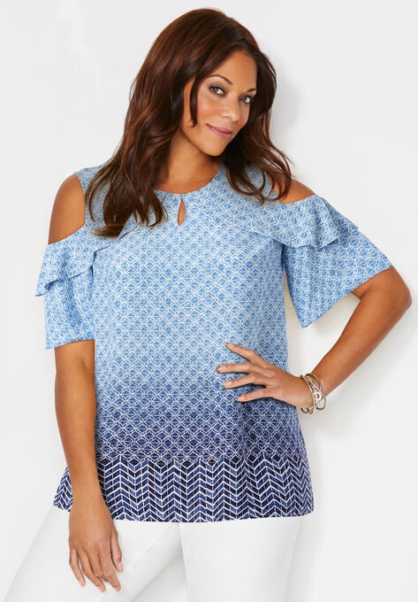 Open-Shoulder Georgette Top, NAVY GEO PRINT, hi-res image number null