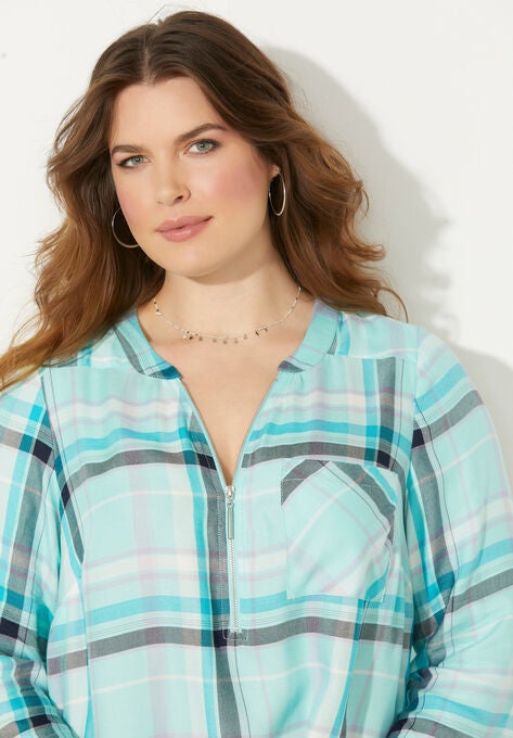 Half-Zip Plaid Blouse, , alternate image number null