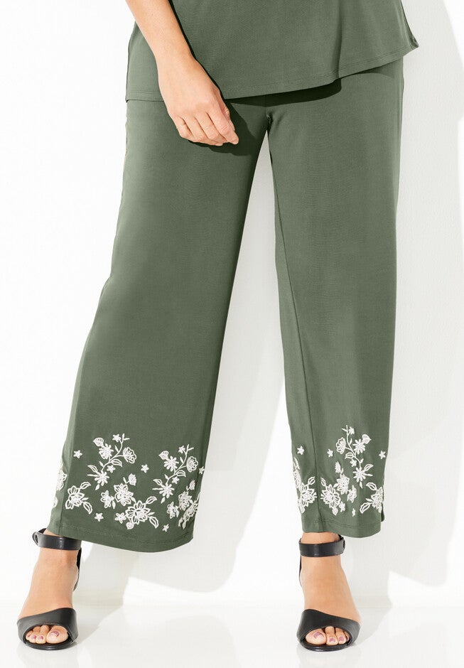 AnyWear Embroidered Ankle Pant, OLIVE GREEN, hi-res image number null