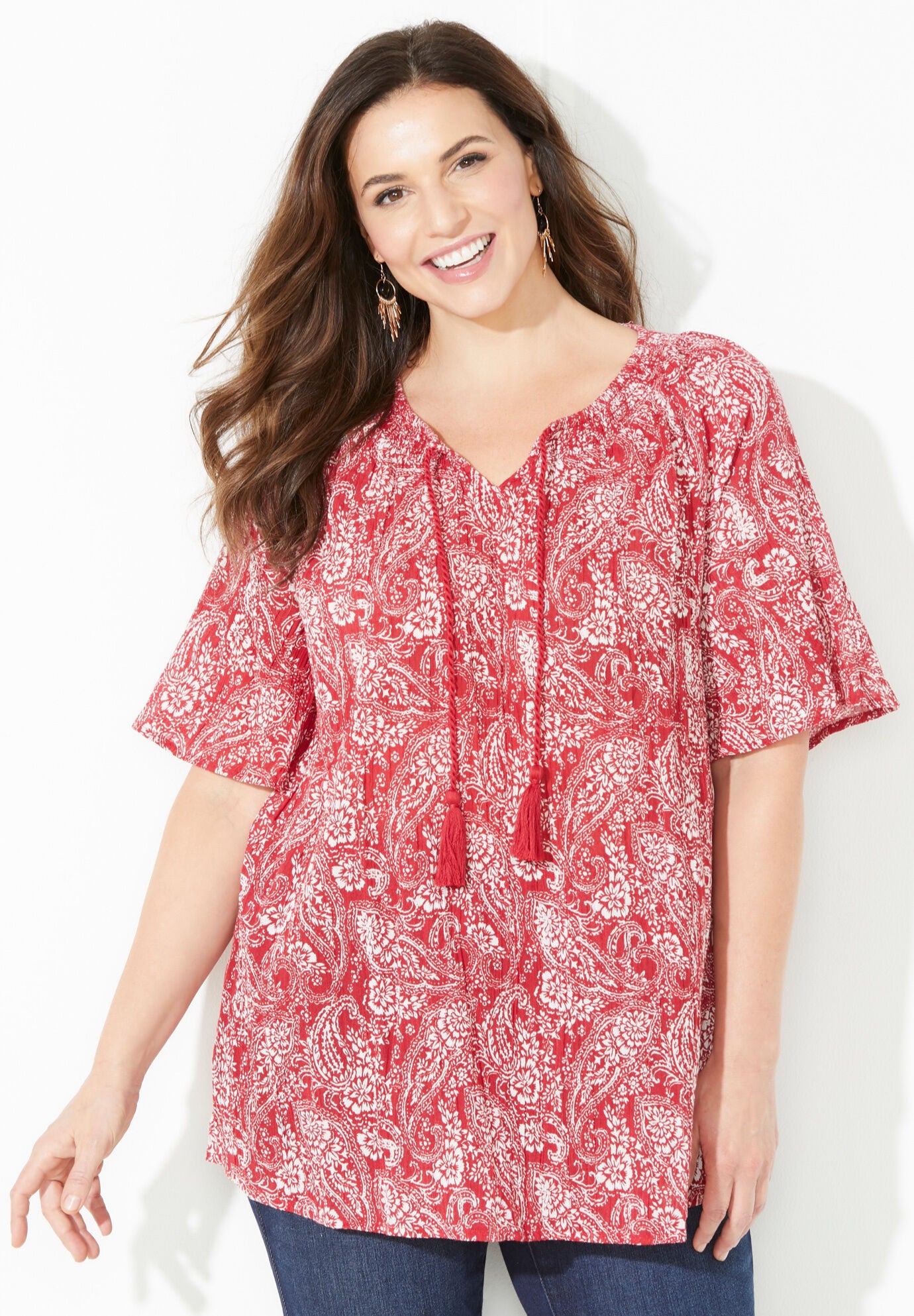 Gauze Peasant Top with Shirred Neckline Red Paisley Catherines