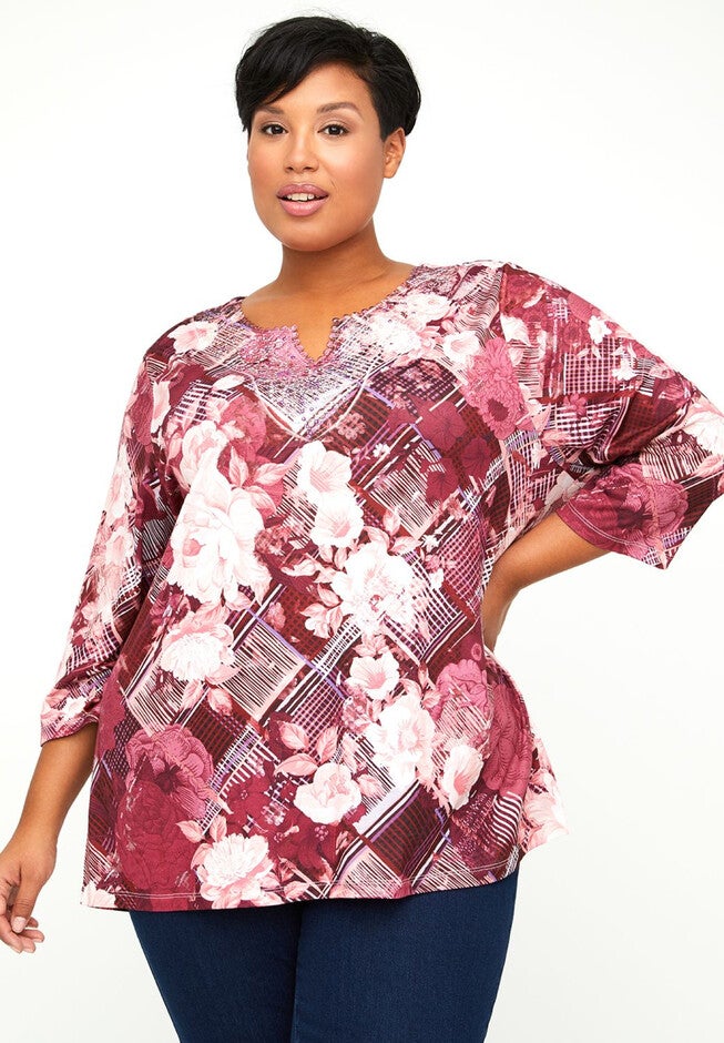 Embroidered Lace Camelia Top, WEAVED PLAID, hi-res image number null