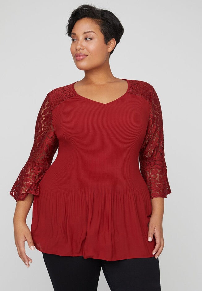 Sunset Lace Pleated Top, RED DAHLIA, hi-res image number 0