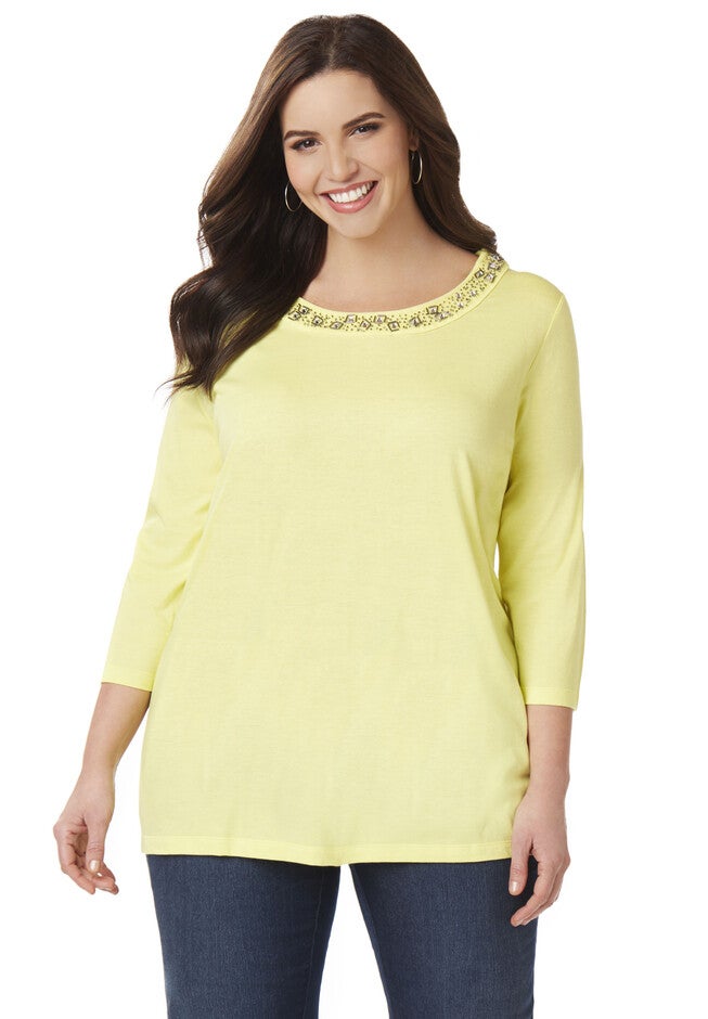 Embellished Neckline Top, LEMON SOUFFLE, hi-res image number null