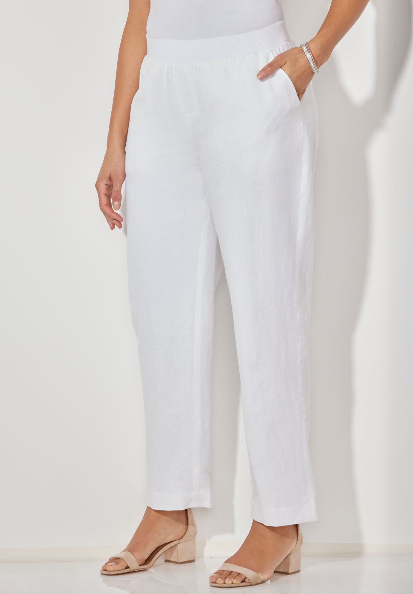 Knit Waist Linen Pant, WHITE, hi-res image number 0