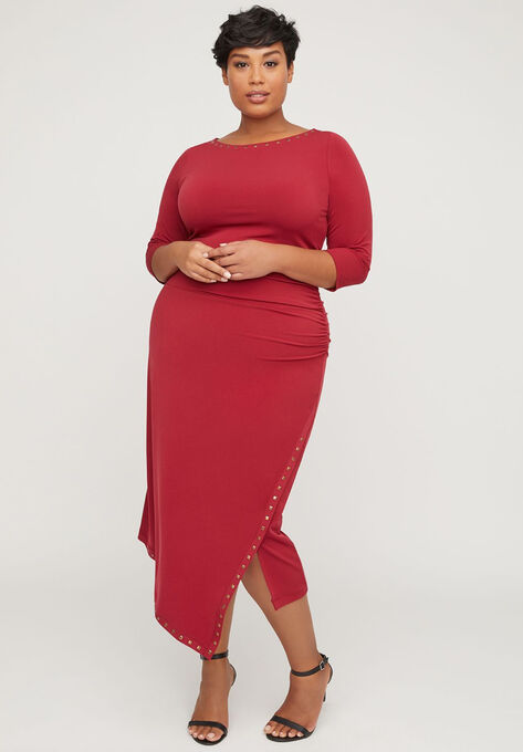 Curvy Collection Studded Wrap Dress, RUMBA RED, hi-res image number null