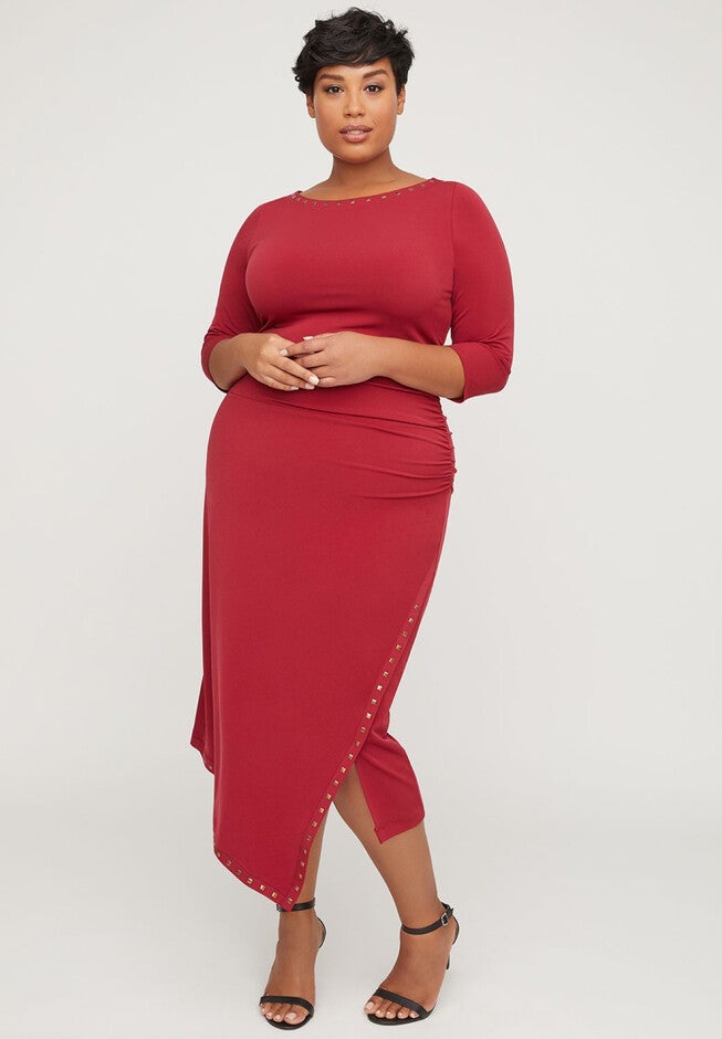 Curvy Collection Studded Wrap Dress, RUMBA RED, hi-res image number 0