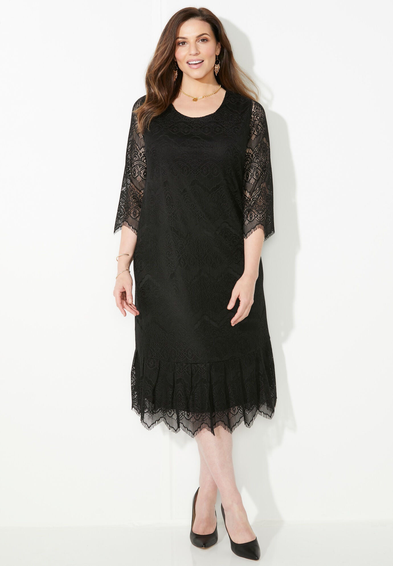 Shirred Lace Flounce Dress for Fun Occasions Black Catherines