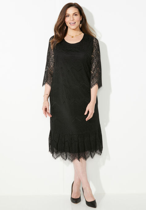 Shirred Lace Flounce Dress, BLACK, hi-res image number null
