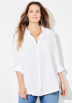 AnyWear Pucker Cotton Buttonfront Roll Tab Shirt