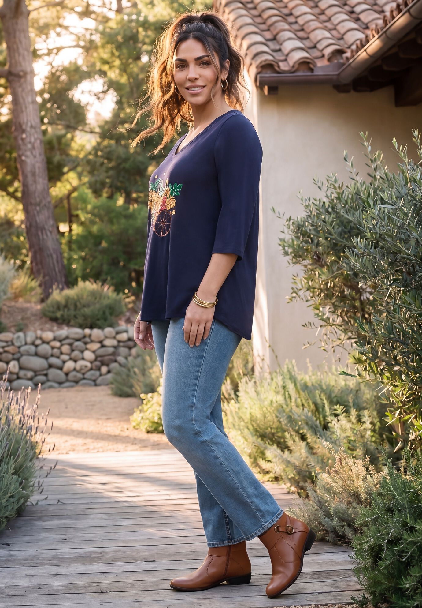 V-Neck Graphic Top, NAVY PUMPKIN SUNFLOWER, alternate image number 2