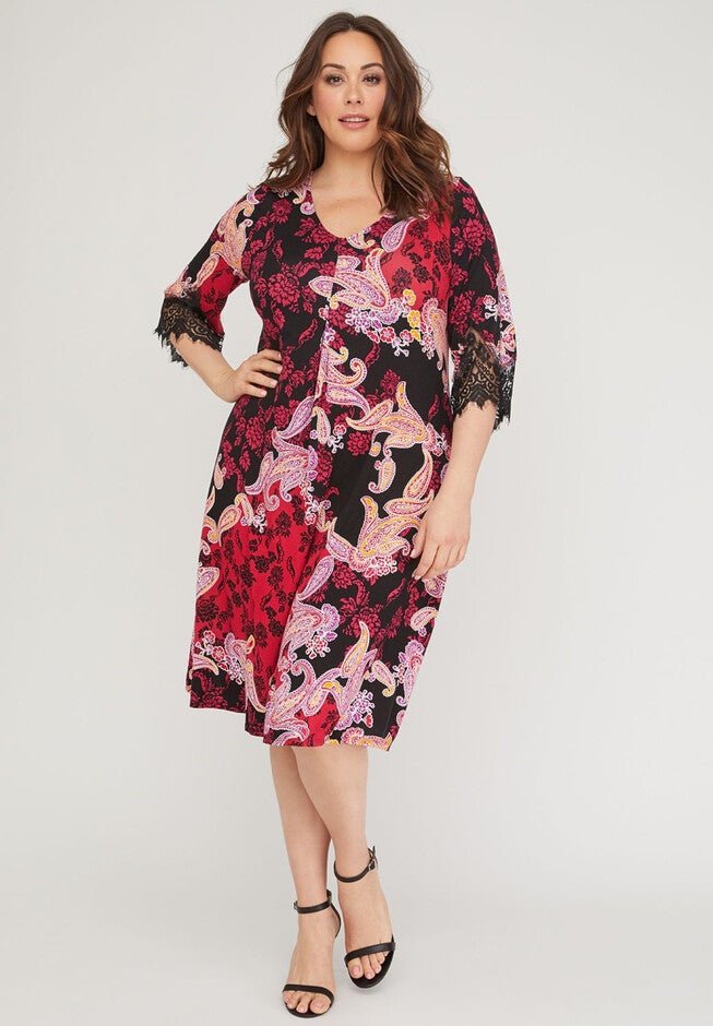 Paisley A-Line Dress with Lace, BLACK, hi-res image number null