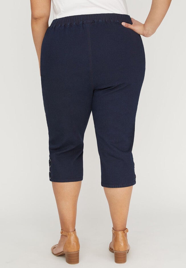 Essential Flat Front Denim Capri with Crisscross Detail, , on-hover image number null