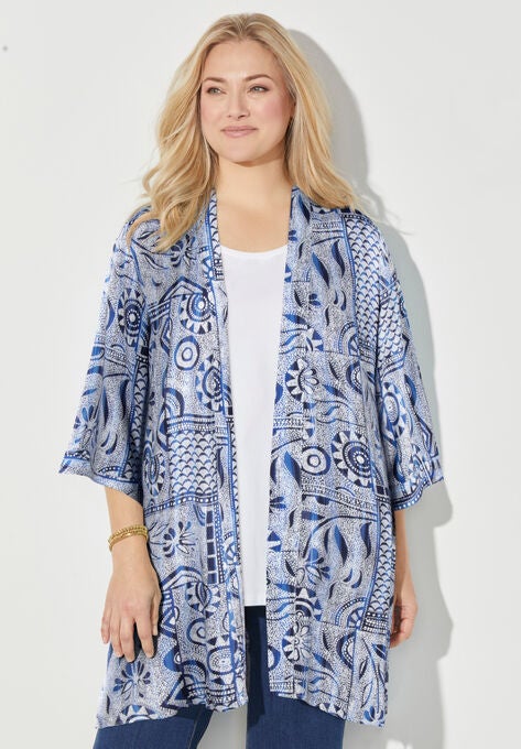 Alfresco Long Kimono, NAVY BATIK PATCHWORK, hi-res image number null