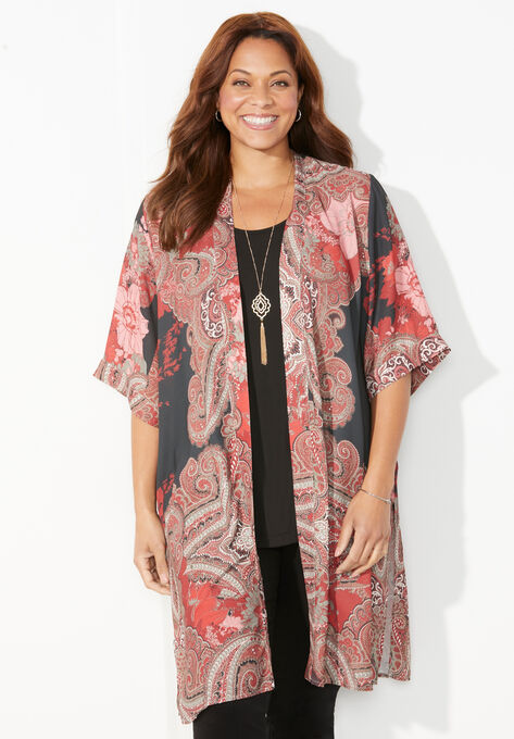 Luxe Georgette Long Kimono, BLACK FLORAL PAISLEY, hi-res image number null