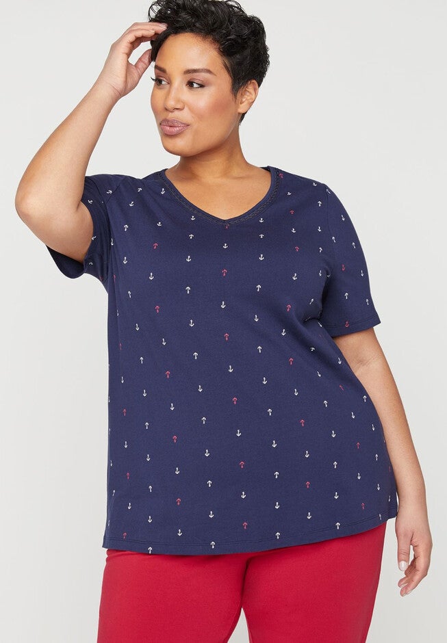 Printed Crochet-Inset Suprema Top, BLUE ANCHORS, hi-res image number null