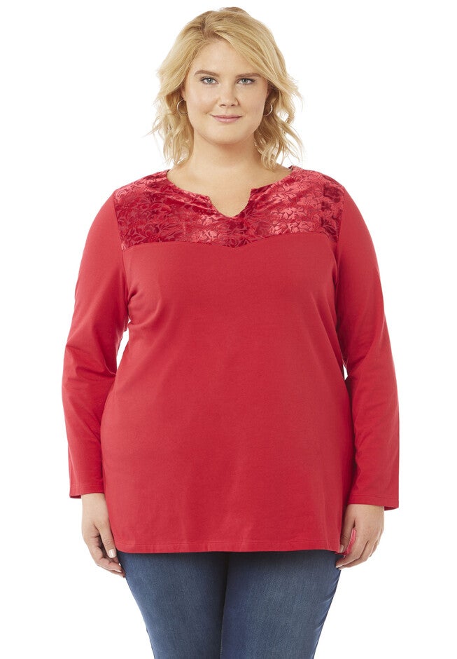 Velvet Shine Long Sleeve Top, RED, hi-res image number null