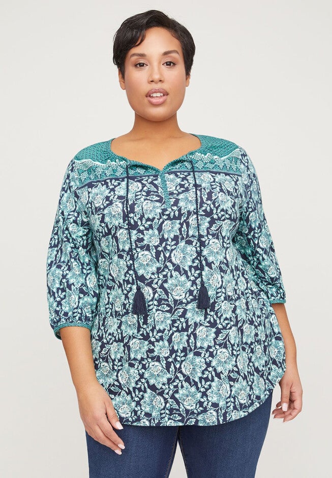 Open Meadow Peasant Top, TEAL FLORAL BORDER, hi-res image number null