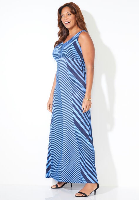 Striped V-Neck Maxi Tank Dress, , alternate image number null