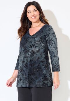 Flocked Tie-Dye V-Neck Tunic
