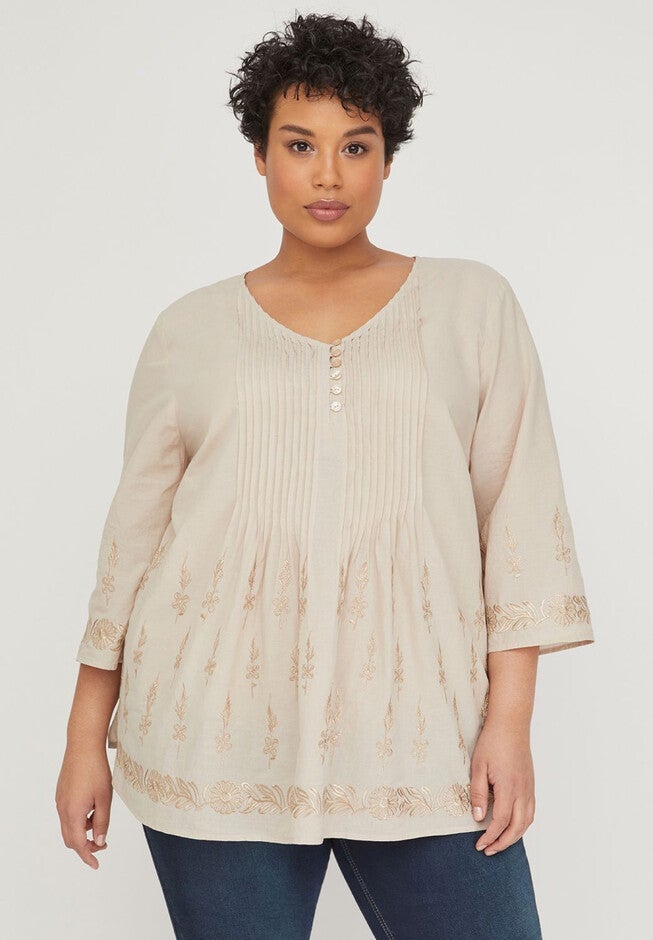 Sandy Pintuck Popover with Lurex Embroidery, PEYOTE, hi-res image number null