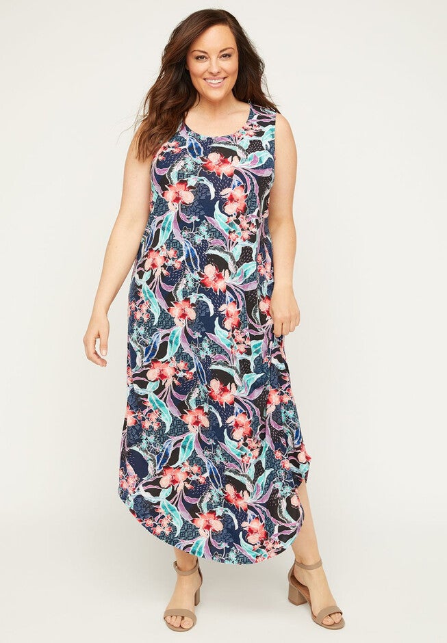 Tropic Bloom Maxi Dress, BLUE TROPICAL PRINT, hi-res image number null