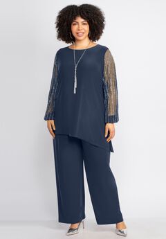 2-Piece Beaded Mesh Sleeve Pant Suit