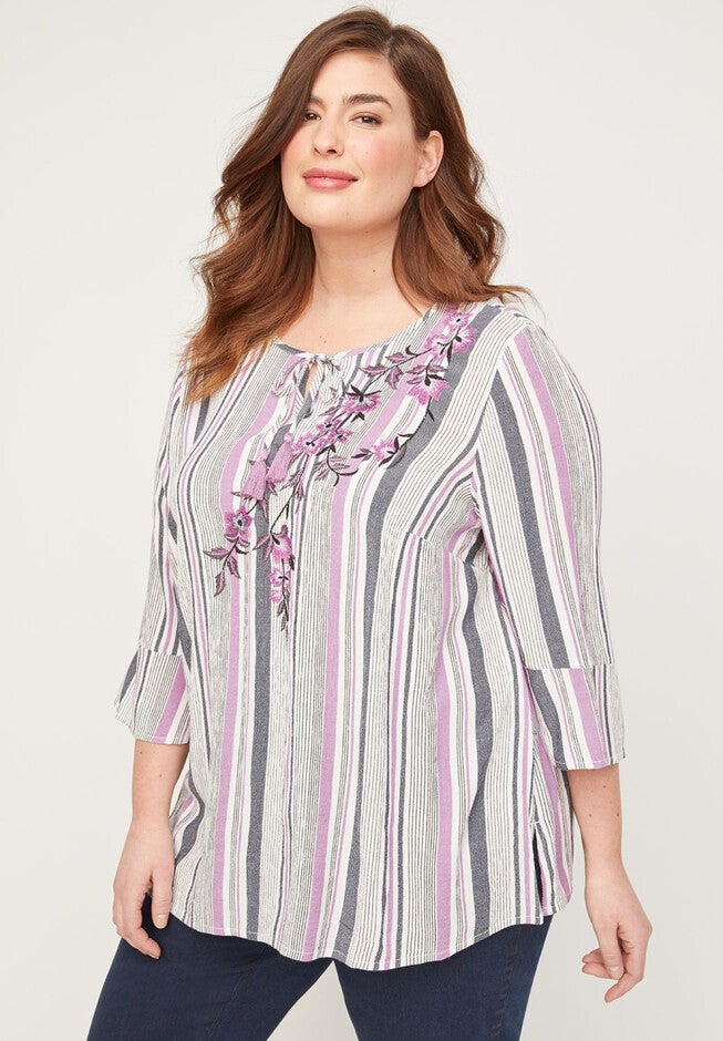 Embroidered Vineyard Blouse, STRIPE PRINT, hi-res image number 0