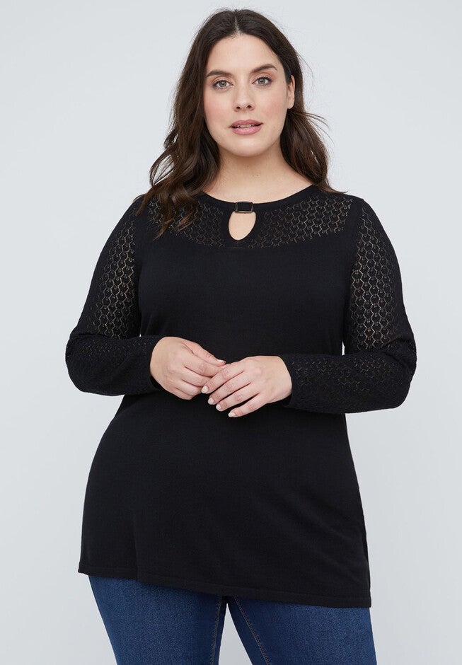 Lightweight Open-Stitch Pullover, BLACK, hi-res image number 0