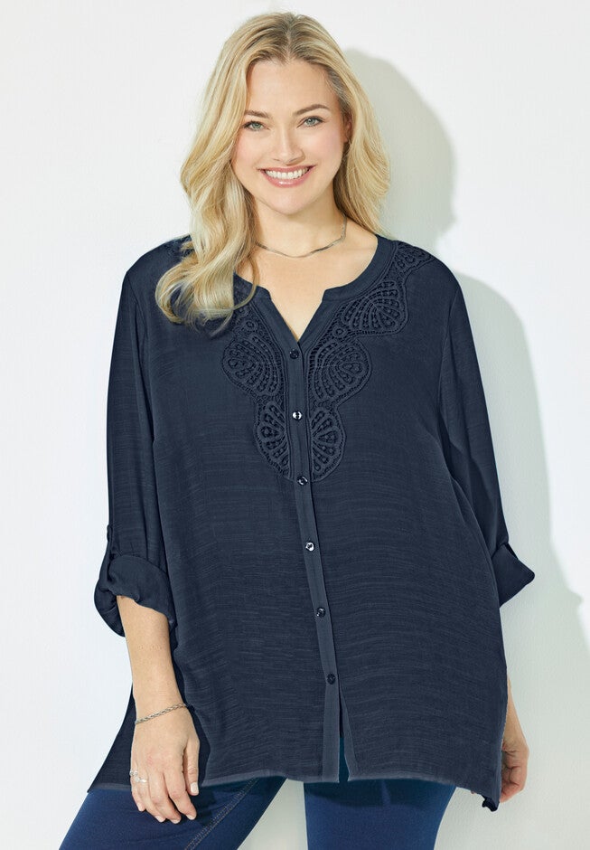 Scalloped Crochet Buttonfront Blouse, NAVY, hi-res image number null