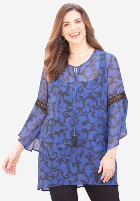 Bell Sleeve High-Low Tunic, DARK SAPPHIRE SCROLL, hi-res image number null