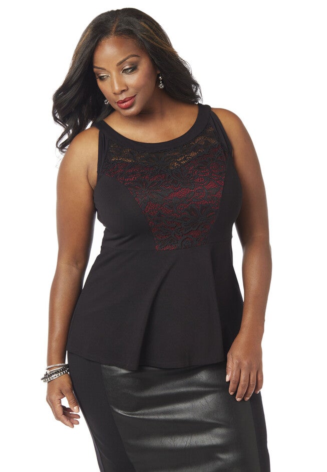 Curvy Collection Lace-Mix Tank, BLACK, hi-res image number null