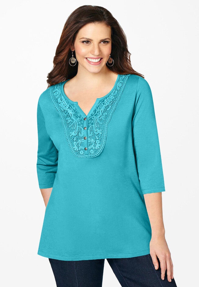 Crochet Placket Tee, AQUA BLUE, hi-res image number null