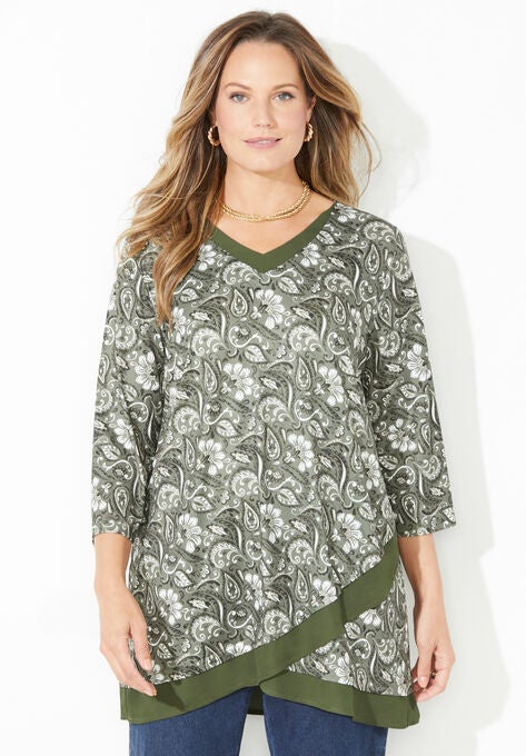 Crossover Hem Duet Top, OLIVE GREEN PAISLEY FLORAL, hi-res image number null