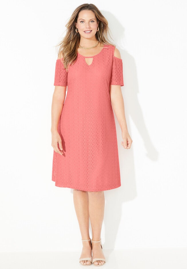 Cold Shoulder Stretch Lace Dress, SWEET CORAL, hi-res image number null