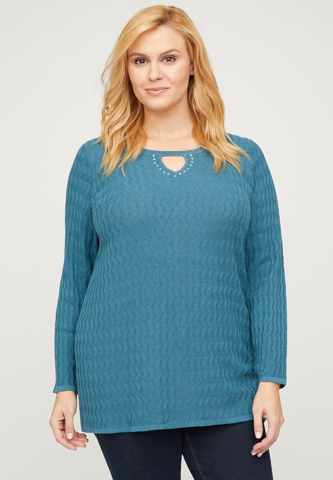 Textured Keyhole Pullover Sweater, HYDRO, hi-res image number 0