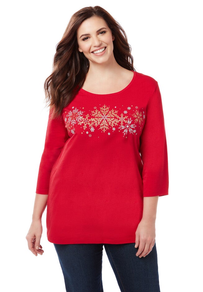 Snowflake Trio 3/4 Sleeve Tee, RED, hi-res image number null