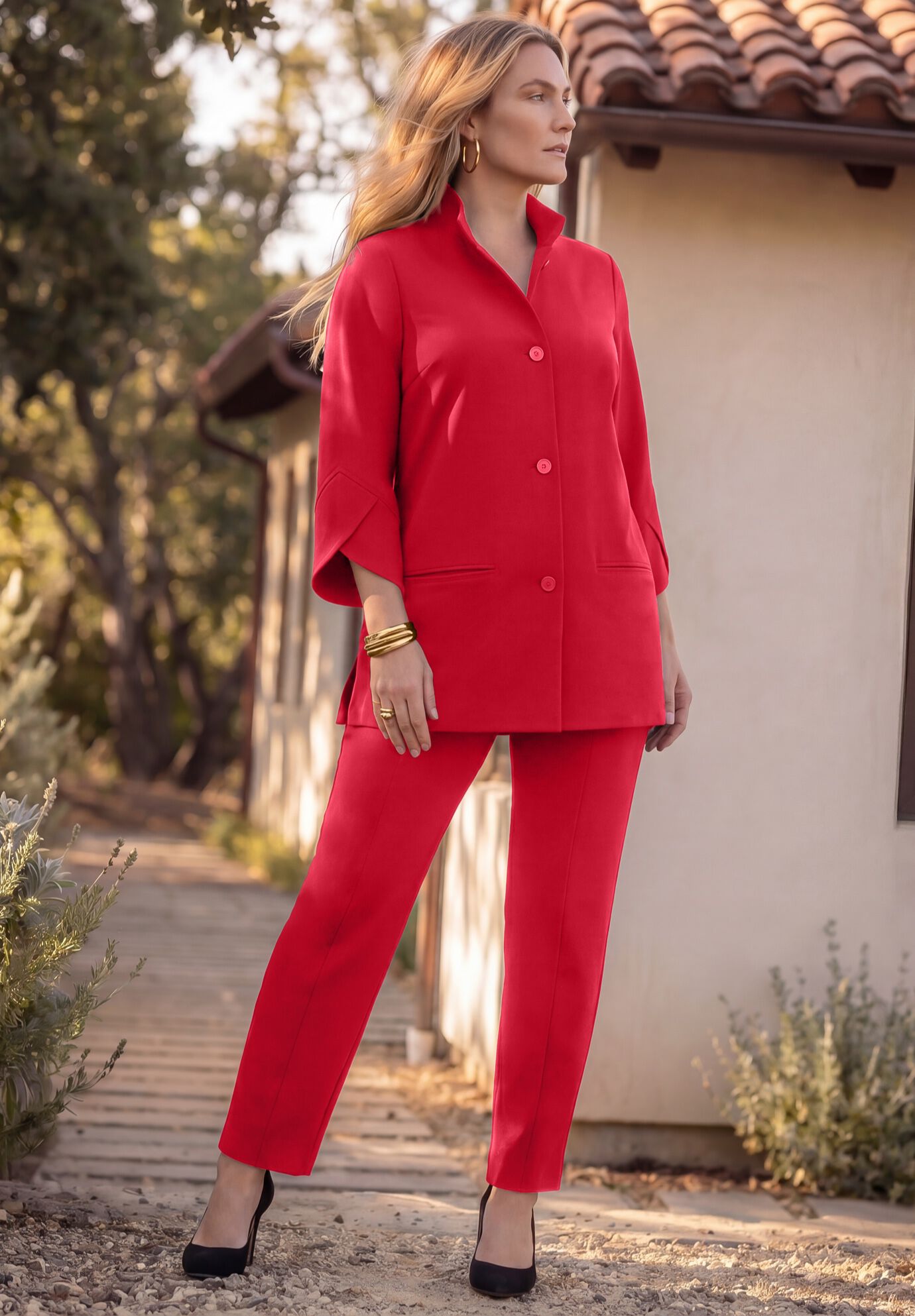 Crepe Button-Front Swing Top, CLASSIC RED, alternate image number 3