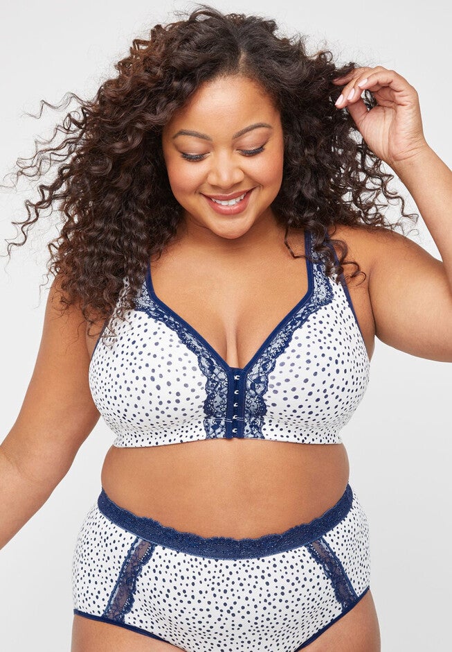 Cotton Comfort Front-Close No-Wire Bra With Lace, NAVY DRAWN DOTS, hi-res image number 0