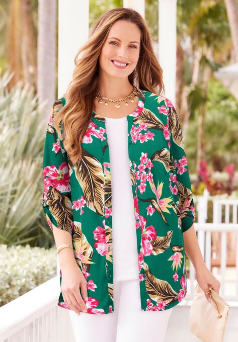 Breezeway Georgette Blouse, CLOVER GREEN TROPICAL FLORAL, hi-res image number null