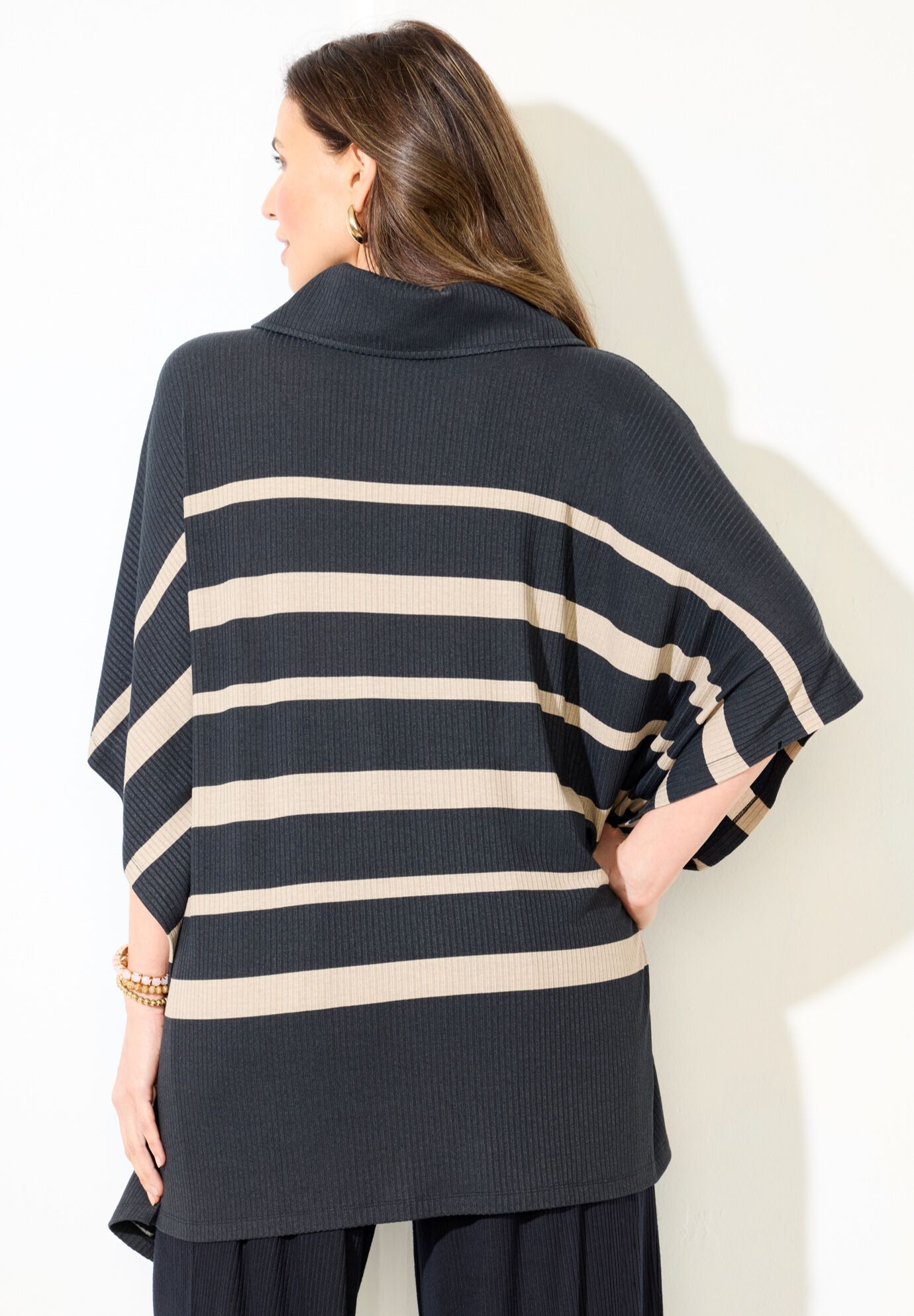 AnyWear Brushed Hacci Ribbed Poncho, BLACK STRIPE, on-hover image number 1