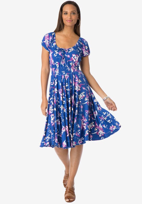 Flared Peasant Dress, DARK SAPPHIRE FLORAL, hi-res image number null